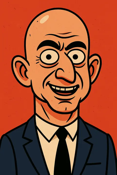 A bald tycoon with a manic grin