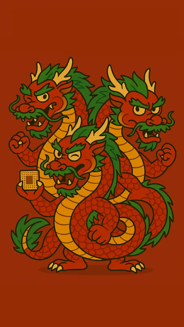 A three-headed dragon holding a microchip